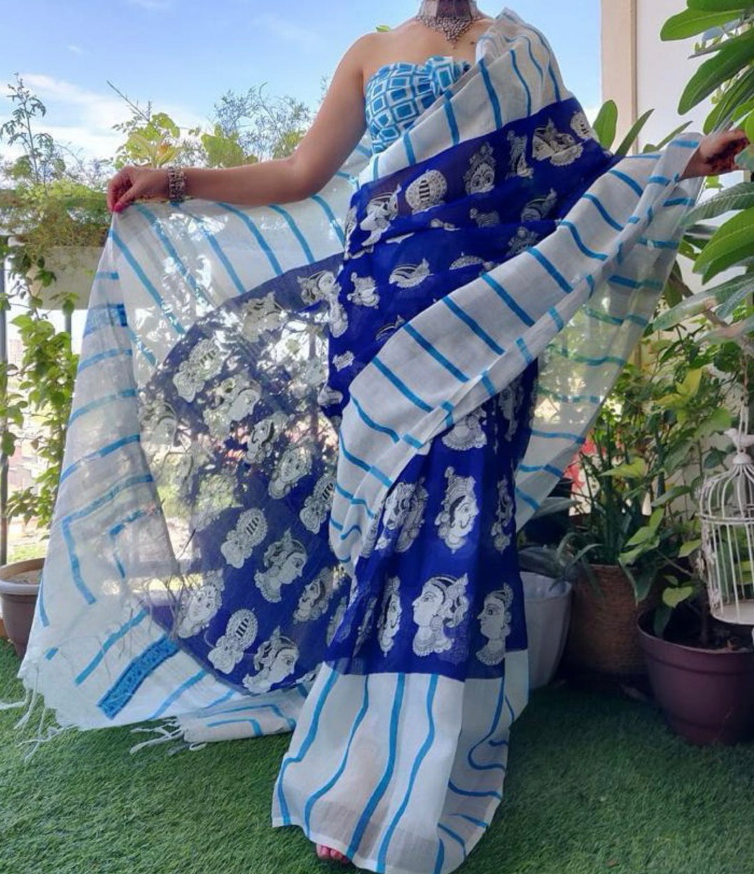 Handwoven Sarees Online in USA |Printed Cotton Linen saree