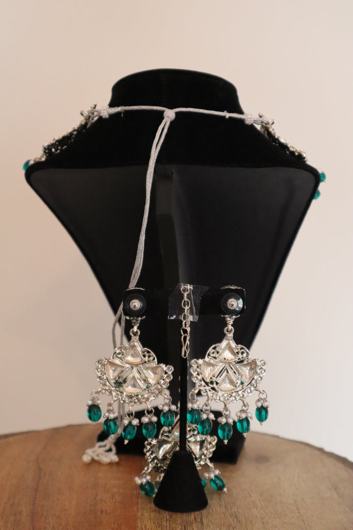 Rhodium Plated Green Kundan Collar Necklace Set