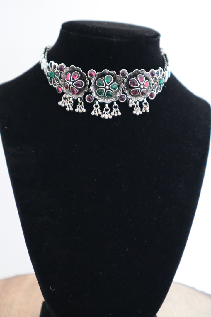 Grey Austrian Stone Oxidised Traditional Necklace Set