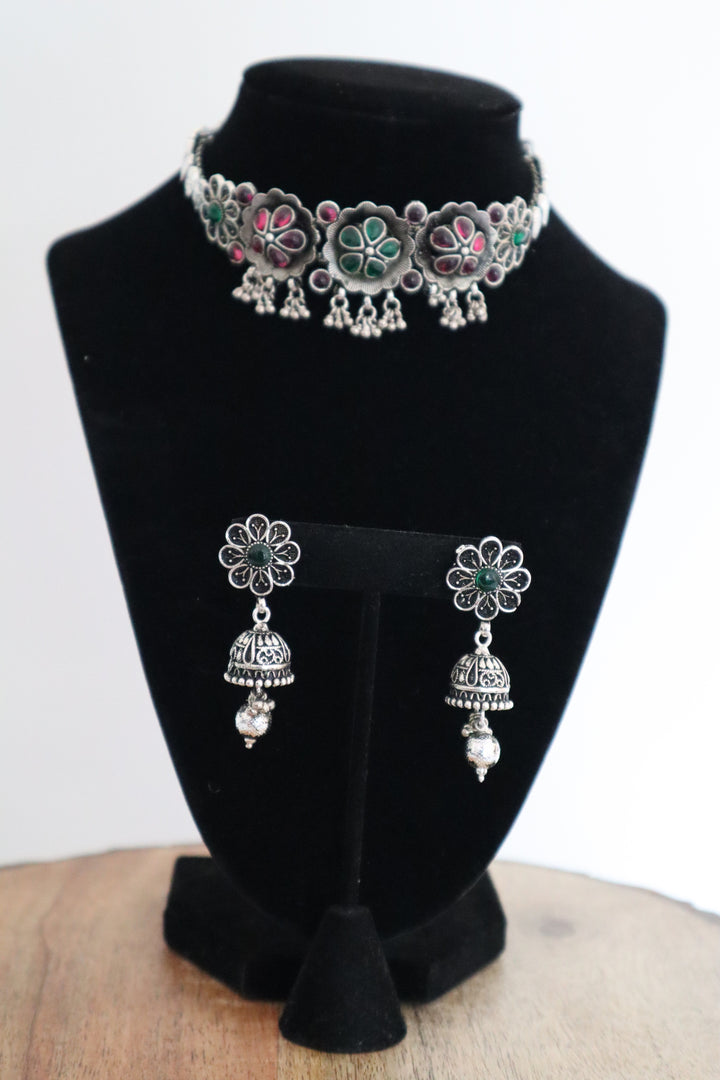 Grey Austrian Stone Oxidised Traditional Necklace Set