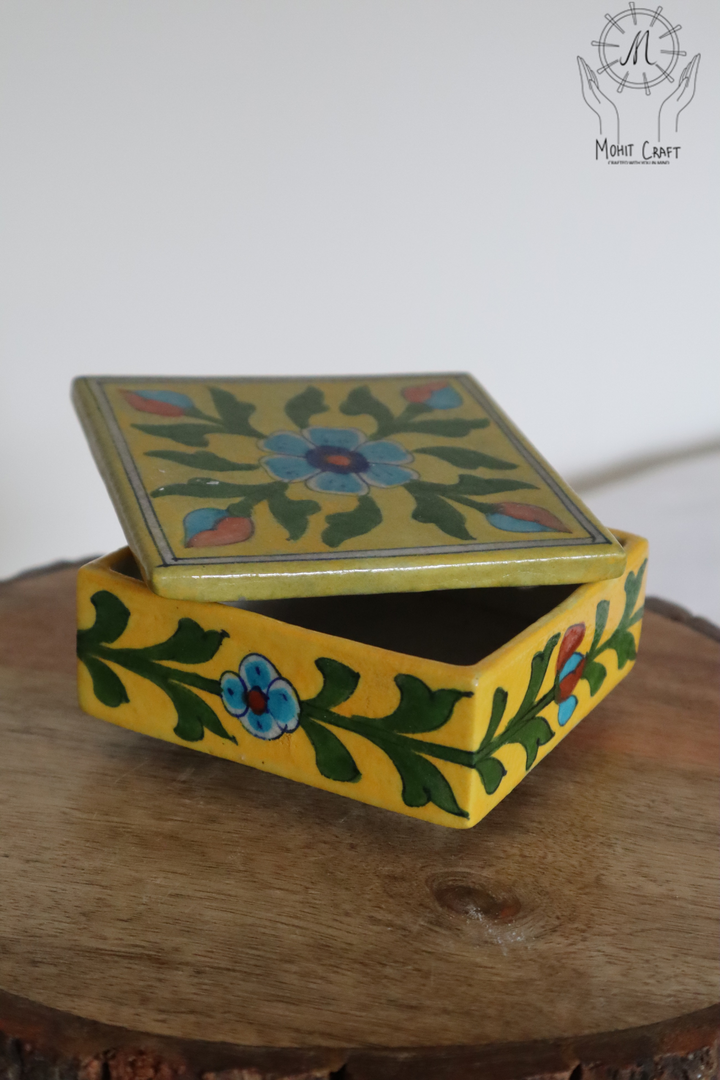 Ceramic Floral Handcrafted Square Box with Lid |Traditional Home Decor in USA