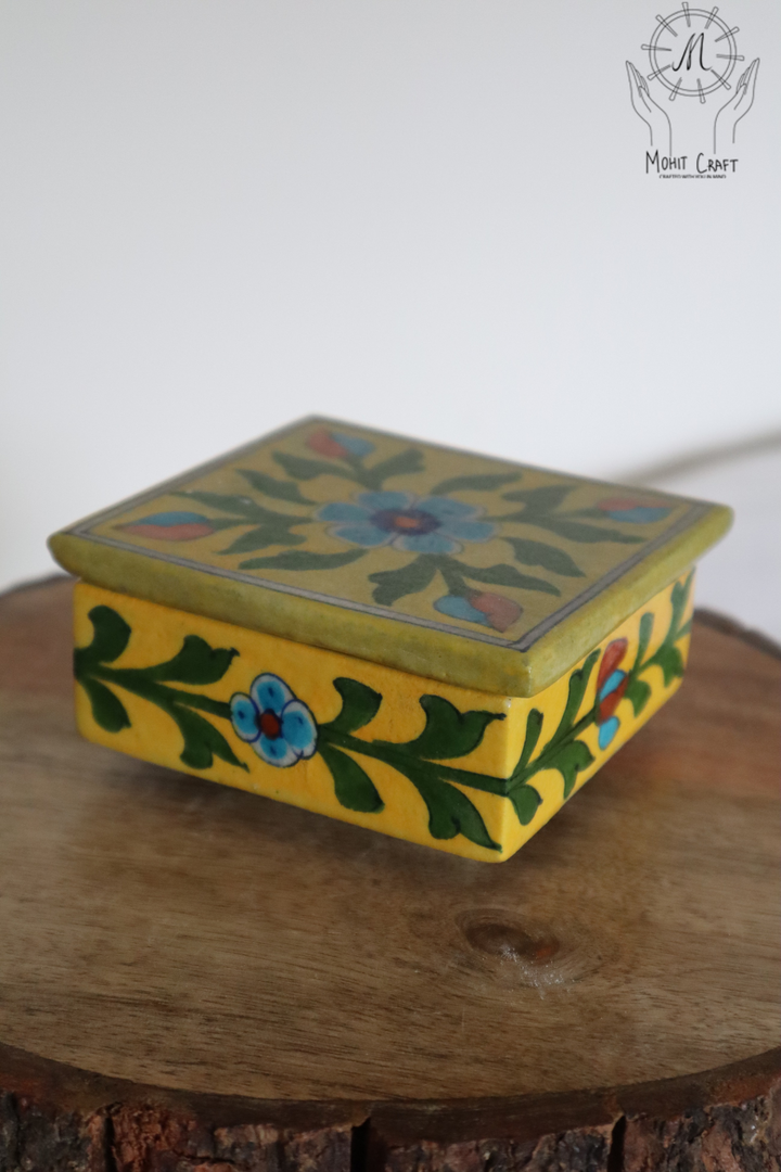 Ceramic Floral Handcrafted Square Box with Lid |Traditional Home Decor in USA