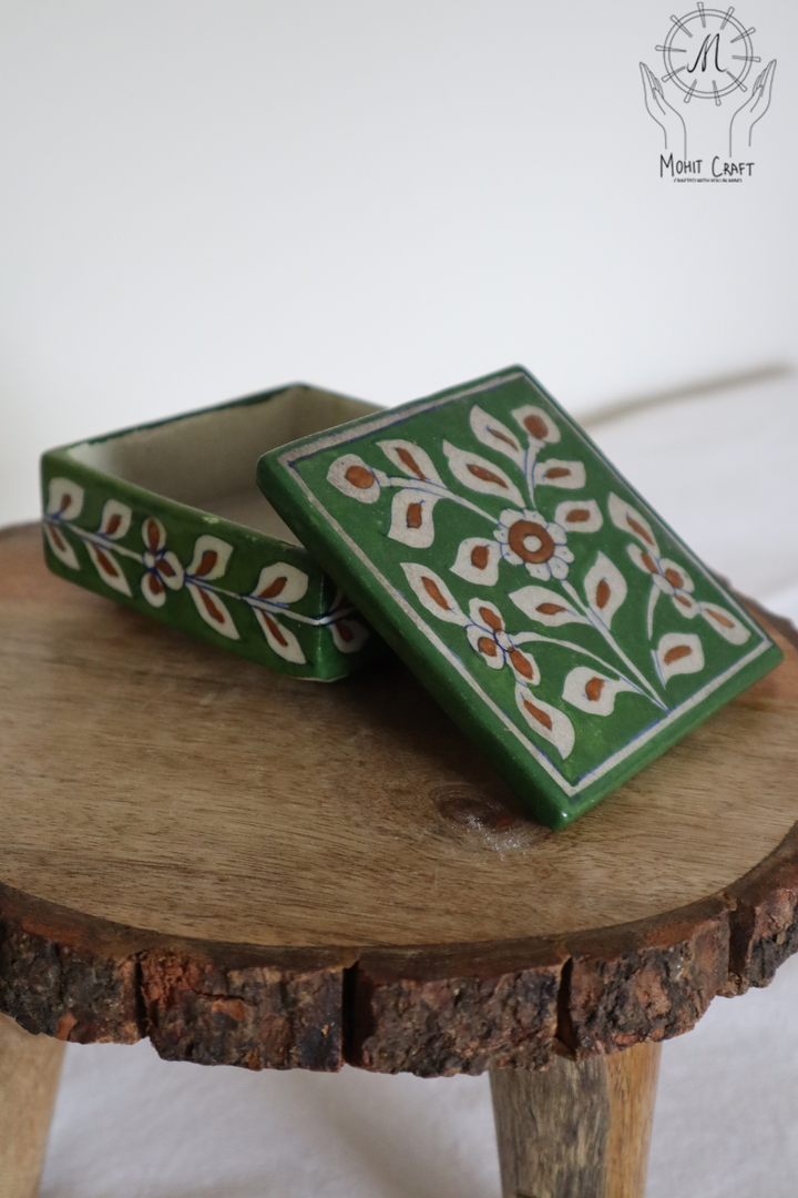 Ceramic Floral Handcrafted Square Box with Lid |Traditional Home Decor in USA