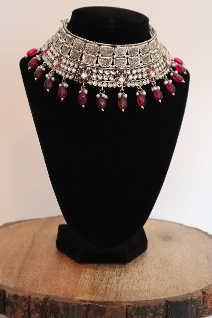 Rhodium Plated Maroon Kundan Collar Necklace Set