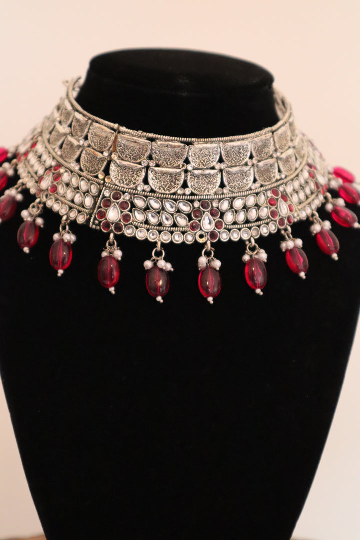 Rhodium Plated Maroon Kundan Collar Necklace Set