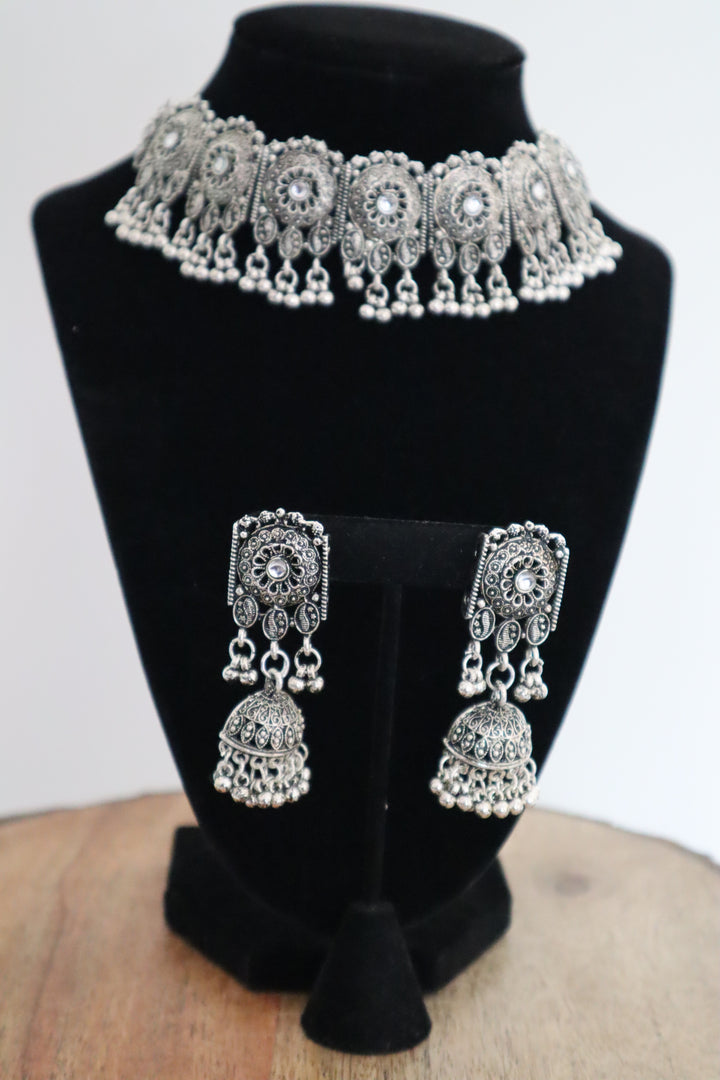 White Austrian Stone Oxidized Traditional Necklace Set