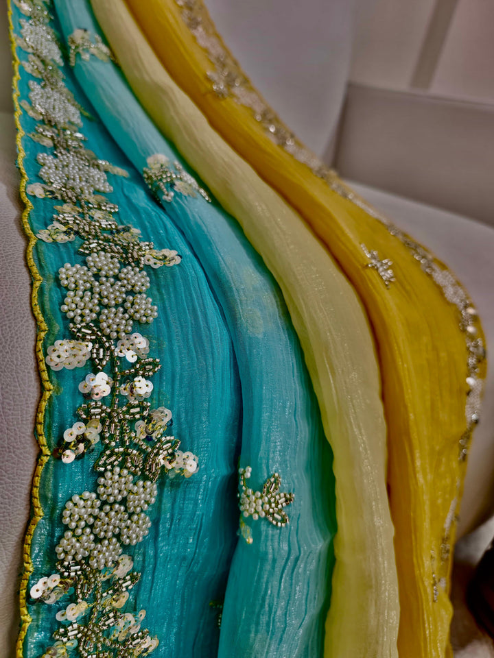 Premium Pixel Crush Saree – Hand Embellished Elegance