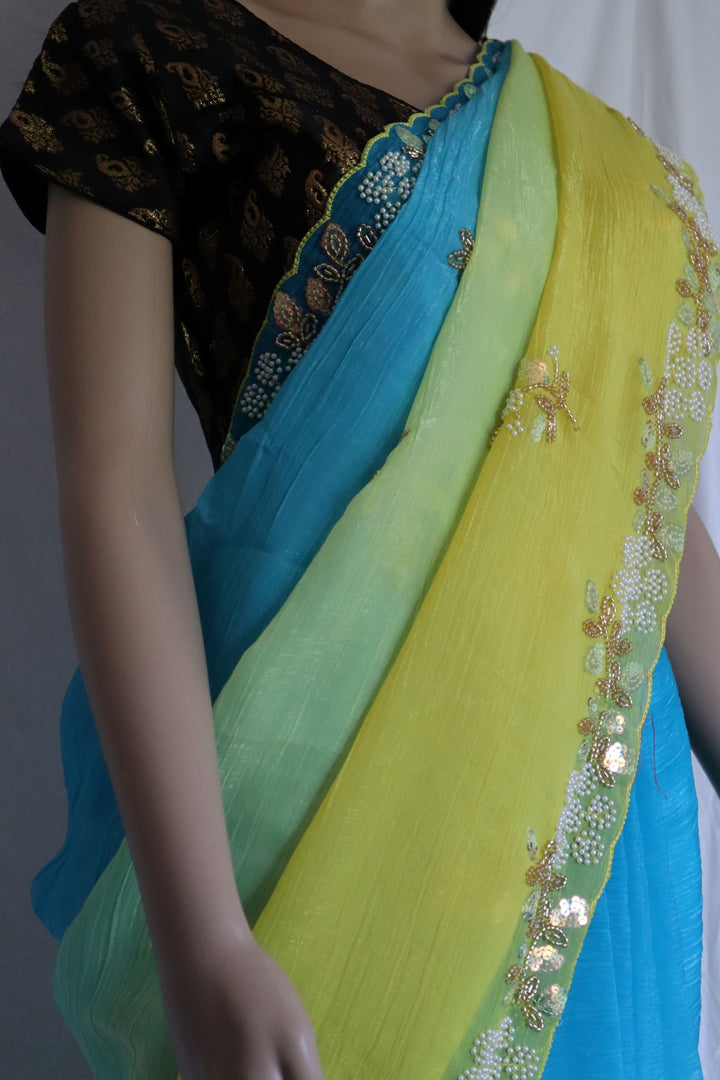 Premium Pixel Crush Saree – Hand Embellished Elegance