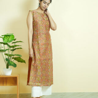 Ladies Kurta Online USA | Chanderi Silk Straight Cut Kurta and Palazzo Bottom